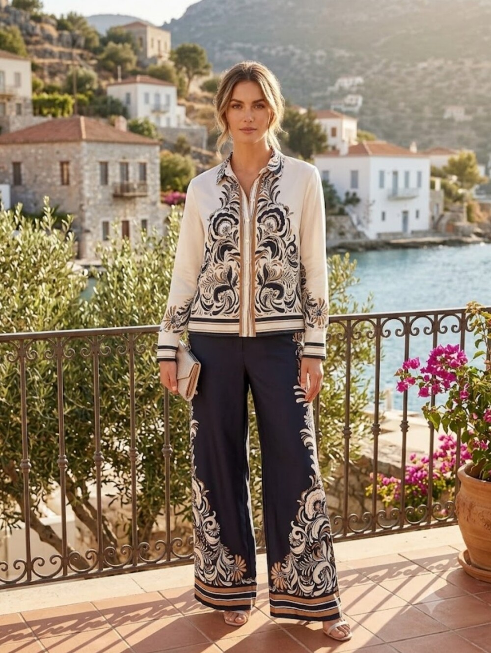 Ellen Tracy 2-Piece Scarf Print Matching Set - Button Down Shirt & Wide Leg Pant